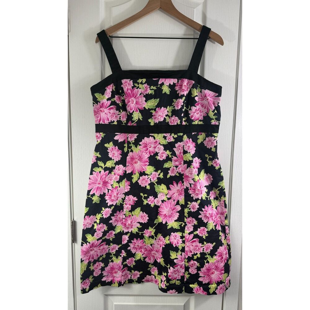 VTG Sag Harbor Women's Sleeveless Dress Black Pink Floral Print Size 14